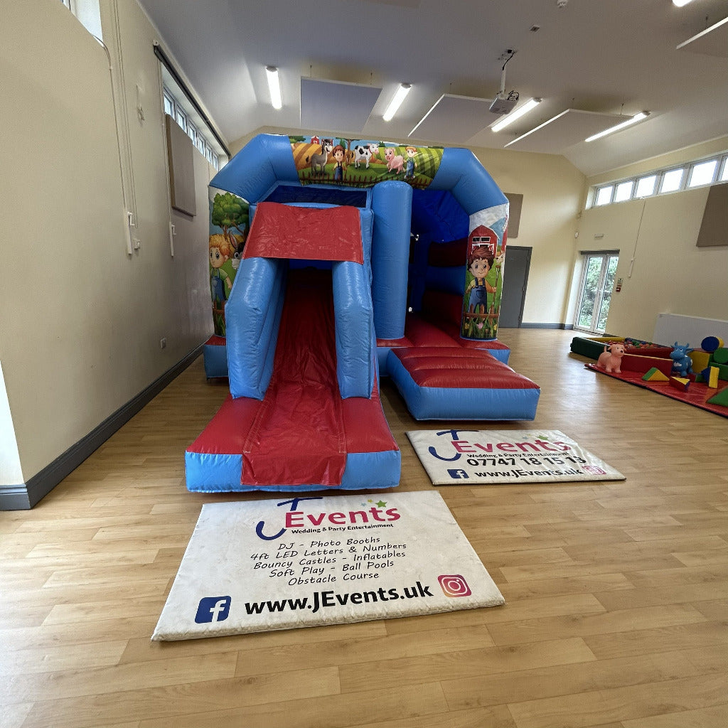 Red & Blue Bounce 'n' Slide Farm 2 Yard Themed