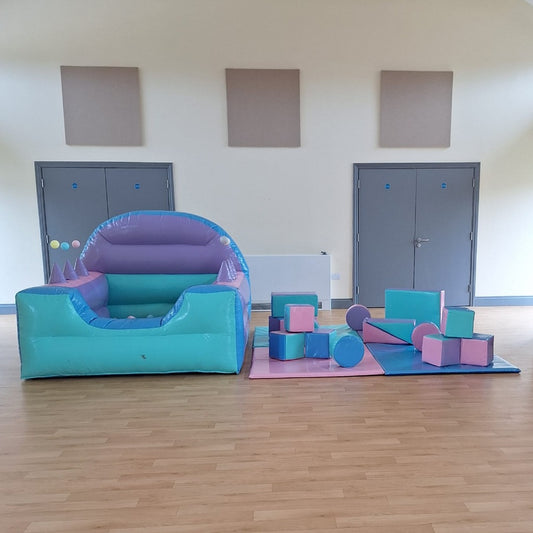 Multicoloured Pastel Inflatable Ball Pool Air Juggler & Multicoloured Pastel Soft Play Shapes