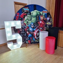 Load image into Gallery viewer, 6ft Round Backdrop Hoop (Any theme), 4ft LEd Light Up Number &amp; 3 x Plinths Package
