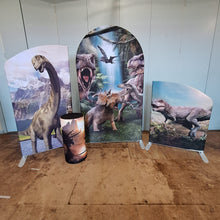 Load image into Gallery viewer, 4ft, 6ft &amp; 7ft Sail Backdrops &amp; Plinth Package Dinosaur Themed
