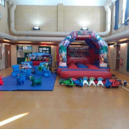 Superhero Bouncy Castle, Ball Pool, Soft Play, 3x Animal Hoppers, 3x Didi Carts & 3x Walk ‘n’ Ride Package