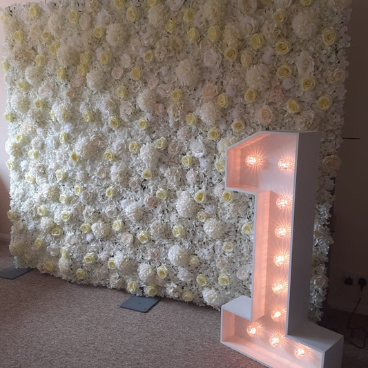 White & Cream Silk Flower Wall & 4ft LED Light Up Number 1