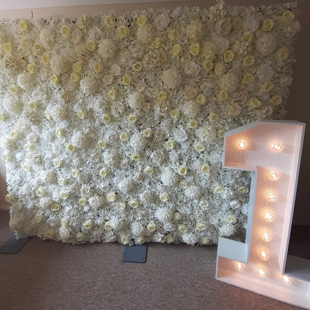 White & Cream Silk Flower Wall & 4ft LED Light Up Number 1