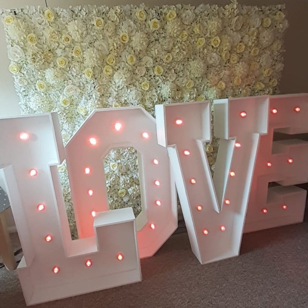 White & Cream Silk Flower Wall & 4ft LOVE Letters