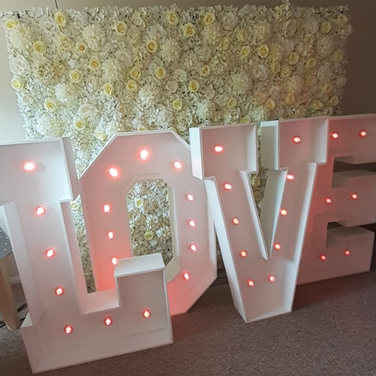 White & Cream Silk Flower Wall & 4ft LOVE Letters