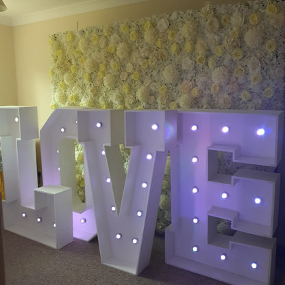 White & Cream Silk Flower Wall & 4ft LOVE Letters