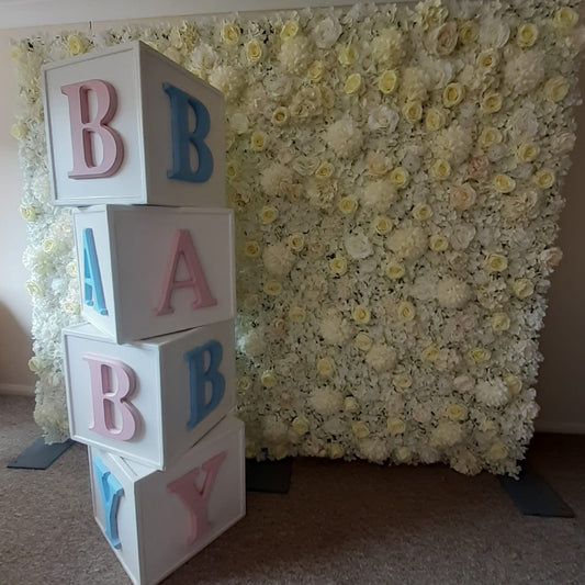 White & Cream Silk Flower Wall & Wooden BABY Blocks