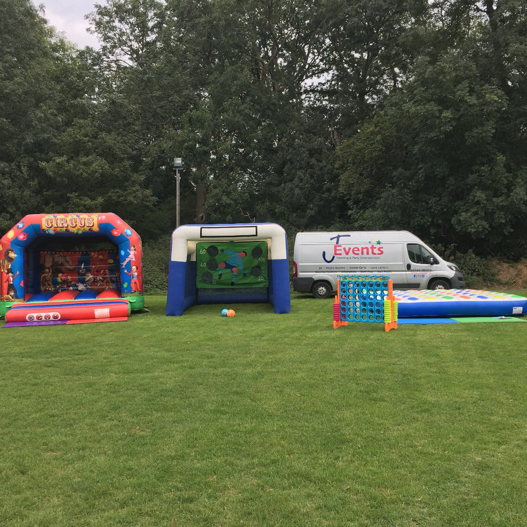 Bouncy Castle, Shoot 'n' Score, Plus Giant Jenga, Mega 4 In A Line & Giant Twister Inflatable Game