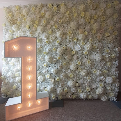 White & Cream Silk Flower Wall & 4ft LED Light Up Number 1