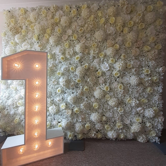 White & Cream Silk Flower Wall & 4ft LED Light Up Number 1