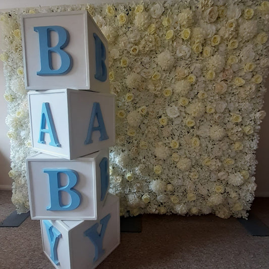 White & Cream Silk Flower Wall & Wooden BABY Blocks